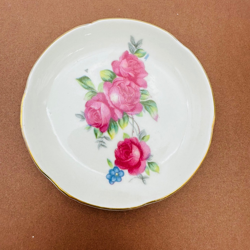 Vintage Bone China Japan Pink Rose Butter Pat Floral Mini Trinket Dish 3.25"